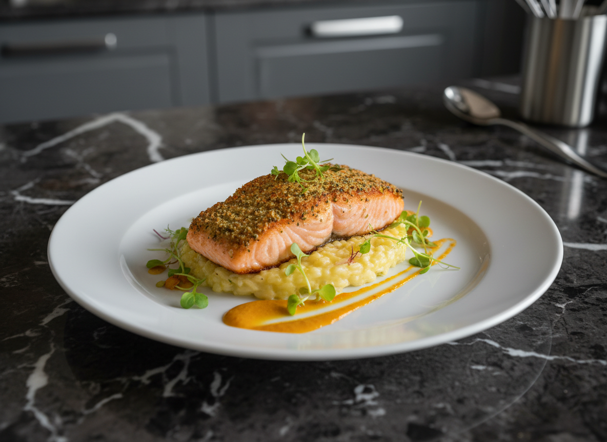 A meticulously plated gourmet dish of herb-crusted salmon resting on a bed of creamy lemon risotto, garnished with microgreens and a precise drizzle of saffron-infused sauce. The plate is a wide, matte-white porcelain charger set on a dark, veined marble countertop. Soft, diffused natural light from a nearby window creates gentle highlights on the salmon’s crisp texture and subtle reflections on the marble, with understated shadows adding depth. Photographed at a slightly elevated, three-quarter angle with a shallow depth of field, the background falls into a refined, blurred mix of slate-gray cabinetry and polished stainless-steel utensils. The mood is sophisticated and aspirational, evoking the feeling of a high-end restaurant recreated in a home kitchen, with photographic realism and a clean, modern aesthetic.
