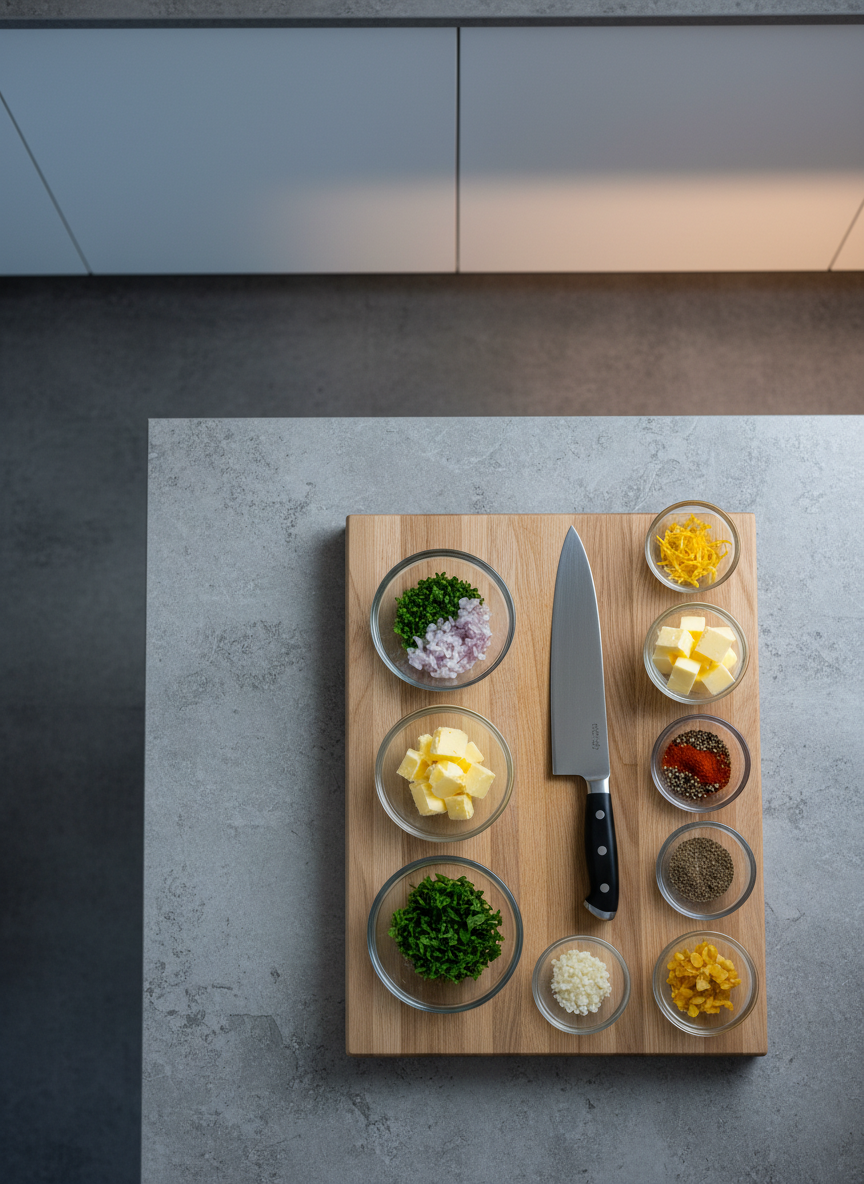 An overhead view of an immaculate mise en place arrangement for a gourmet dinner, featuring small, transparent glass bowls filled with finely diced shallots, vibrant chopped herbs, softened butter, citrus zest, and precisely measured spices. These elements are symmetrically organized around a large, brushed-steel chef’s knife on a smooth, light oak cutting board. The setting is a pristine, contemporary kitchen island with a subtle stone texture. Cool, even studio lighting combined with a hint of warm under-cabinet glow provides balanced illumination, creating crisp, elegant shadows and highlighting each ingredient’s texture. The photographic composition follows the rule of thirds, with ample negative space for text overlays. The atmosphere is calm, orderly, and intellectually satisfying, suggesting thoughtful preparation and professional technique accessible in a home environment.