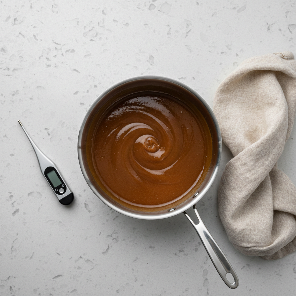 A minimalist, top-down photograph of a polished stainless-steel saucepan filled with a velvety, deep amber caramel sauce swirling in gentle motion, its surface catching intricate highlights. The pan rests on a cool-toned, pale gray quartz countertop, with a neatly folded ivory linen towel placed nearby and a precise digital thermometer lying parallel to the handle. Soft, diffused overcast light from above and slightly to the side creates a subtle sheen on the caramel and gentle, controlled shadows beneath the objects. The background remains uncluttered, emphasizing the technical precision of confectionery work. The composition is centered with a slight off-axis bias, achieving a balanced, modern look. The mood is focused and contemplative, suggesting mastery of advanced cooking techniques within a serene, sophisticated kitchen environment, captured in clean photographic realism.