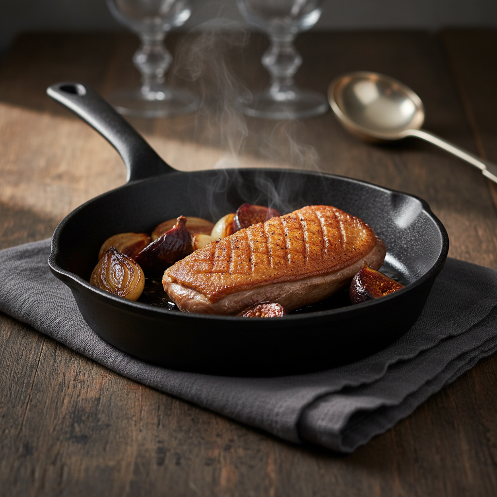 A deep, matte-black cast iron skillet containing a perfectly seared duck breast, its skin golden and rendered, nestled beside caramelized shallots and glossy, pan-roasted figs. The skillet sits on a heavy, charcoal-gray linen napkin atop a weathered yet elegant dark wood table. A narrow beam of warm, directional light from the left mimics a restaurant pass, illuminating the crisp skin and glistening sauce while leaving the background in tasteful shadow. The photographic realism emphasizes subtle steam rising from the pan, with a low, slightly angled perspective that puts the viewer at countertop level. The composition is asymmetrical, drawing the eye from the skillet to a blurred background hint of crystal stemware and a silver sauce ladle, evoking a mood of refined indulgence and elevated home cooking.